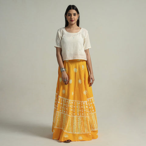 Yellow Hand Batik Printed Running Stitch Cotton Long Skirt 