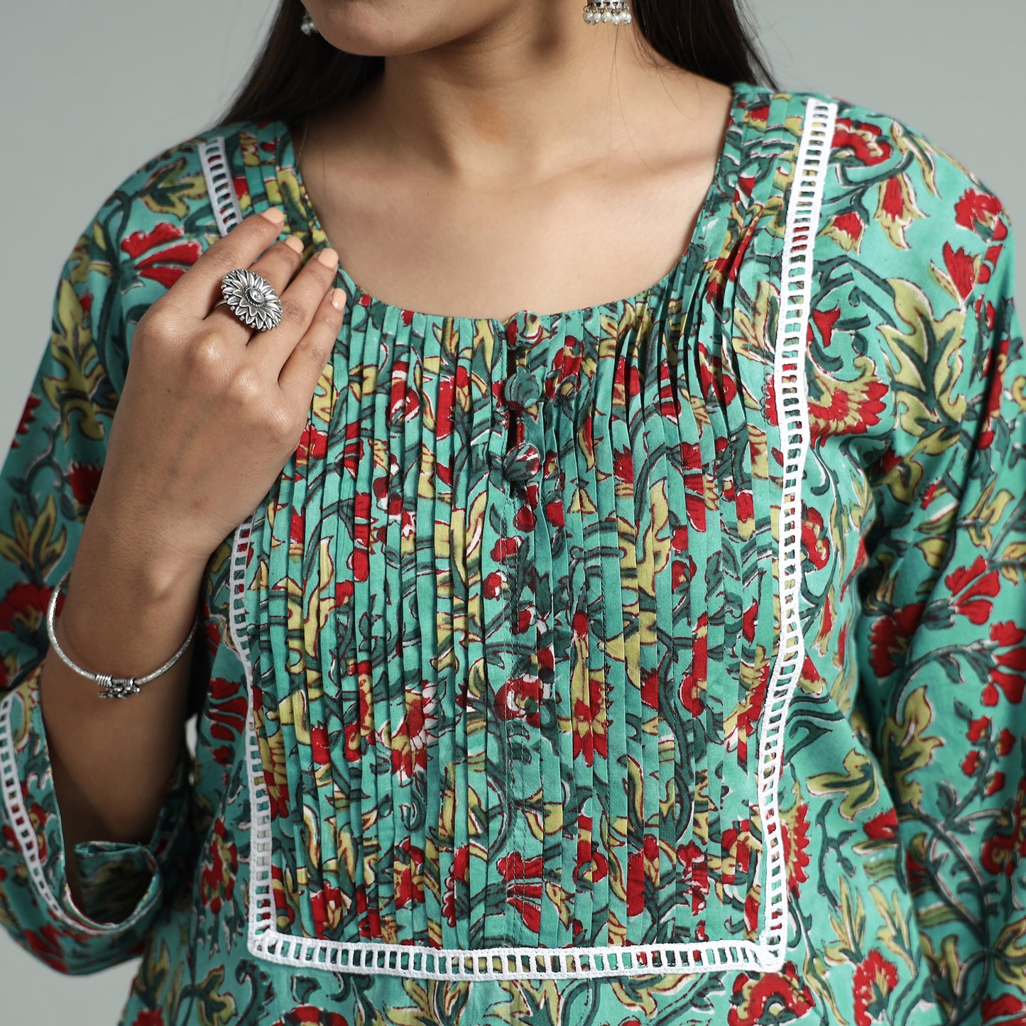 Sea Green - Sanganeri Block Printed Cotton Pintuck Straight Kurta with Lace Work
