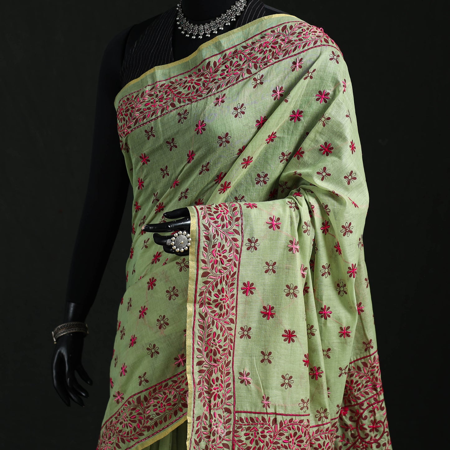 Green - Bengal Kantha Hand Embroidery Silk Cotton Chapa Work Saree 30