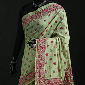 Green - Bengal Kantha Hand Embroidery Silk Cotton Chapa Work Saree 30