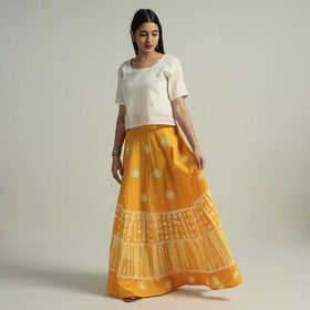 Yellow Hand Batik Printed Running Stitch Cotton Long Skirt 