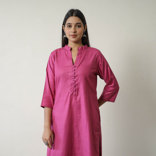 Zeenat Pink Linen Cotton Plain Kurta