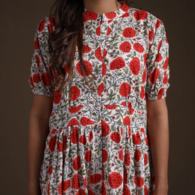 Sanganeri Floral Hand Block Print Cotton Tiered Long Dress for Women 10