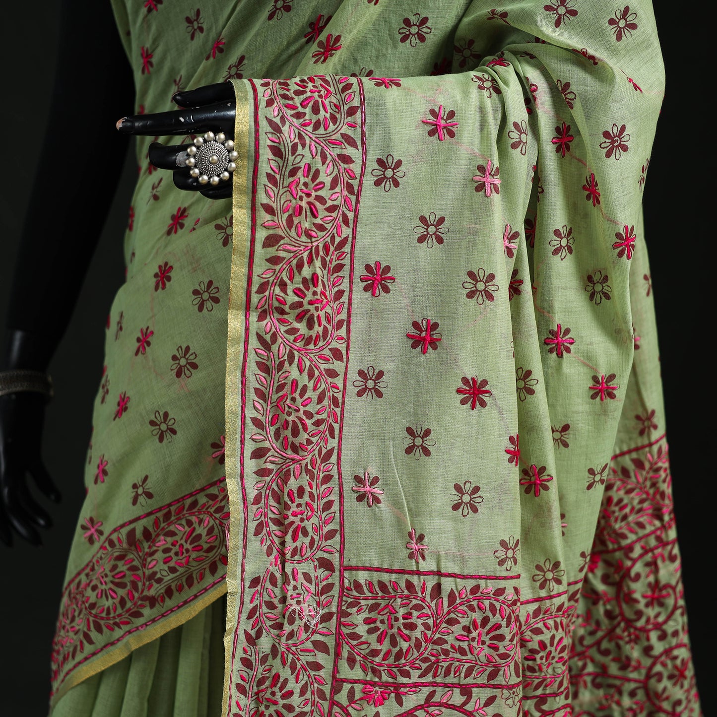 Green - Bengal Kantha Hand Embroidery Silk Cotton Chapa Work Saree 30