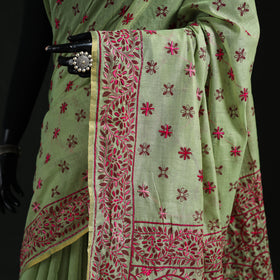 Green - Bengal Kantha Hand Embroidery Silk Cotton Chapa Work Saree 30