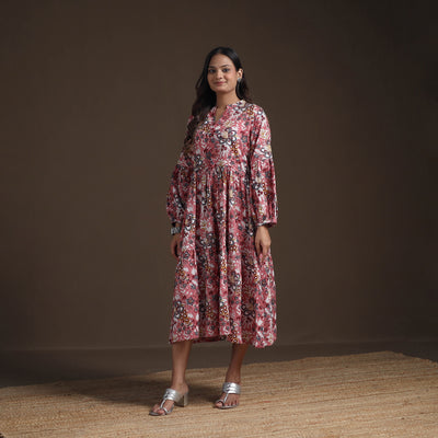 Sanganeri Floral Hand Block Print Cotton Tiered Long Dress for Women 01