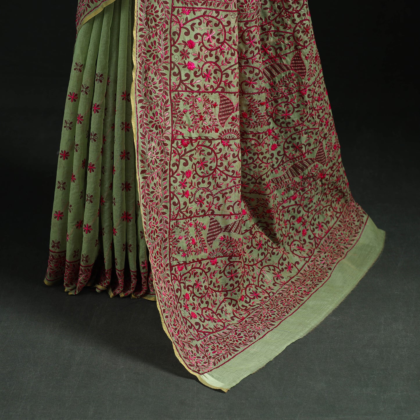 Green - Bengal Kantha Hand Embroidery Silk Cotton Chapa Work Saree 30