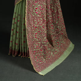 Green - Bengal Kantha Hand Embroidery Silk Cotton Chapa Work Saree 30