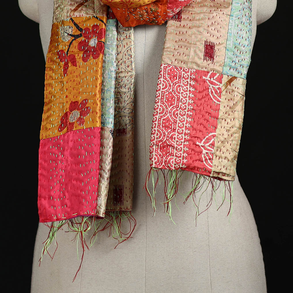 Bengal Kantha Handwork Patchwork Reversible Silk Stole 45