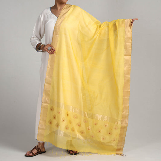 Yellow - Traditional Chanderi Silk Handloom Zari Buta Dupatta with Tassels