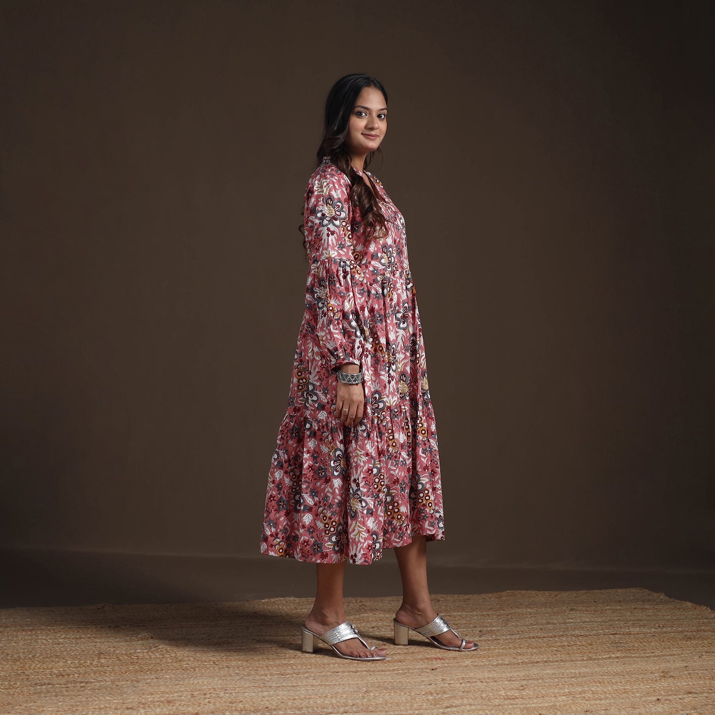 Sanganeri Floral Hand Block Print Cotton Tiered Long Dress for Women 01