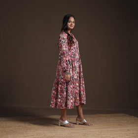 Sanganeri Floral Hand Block Print Cotton Tiered Long Dress for Women 01