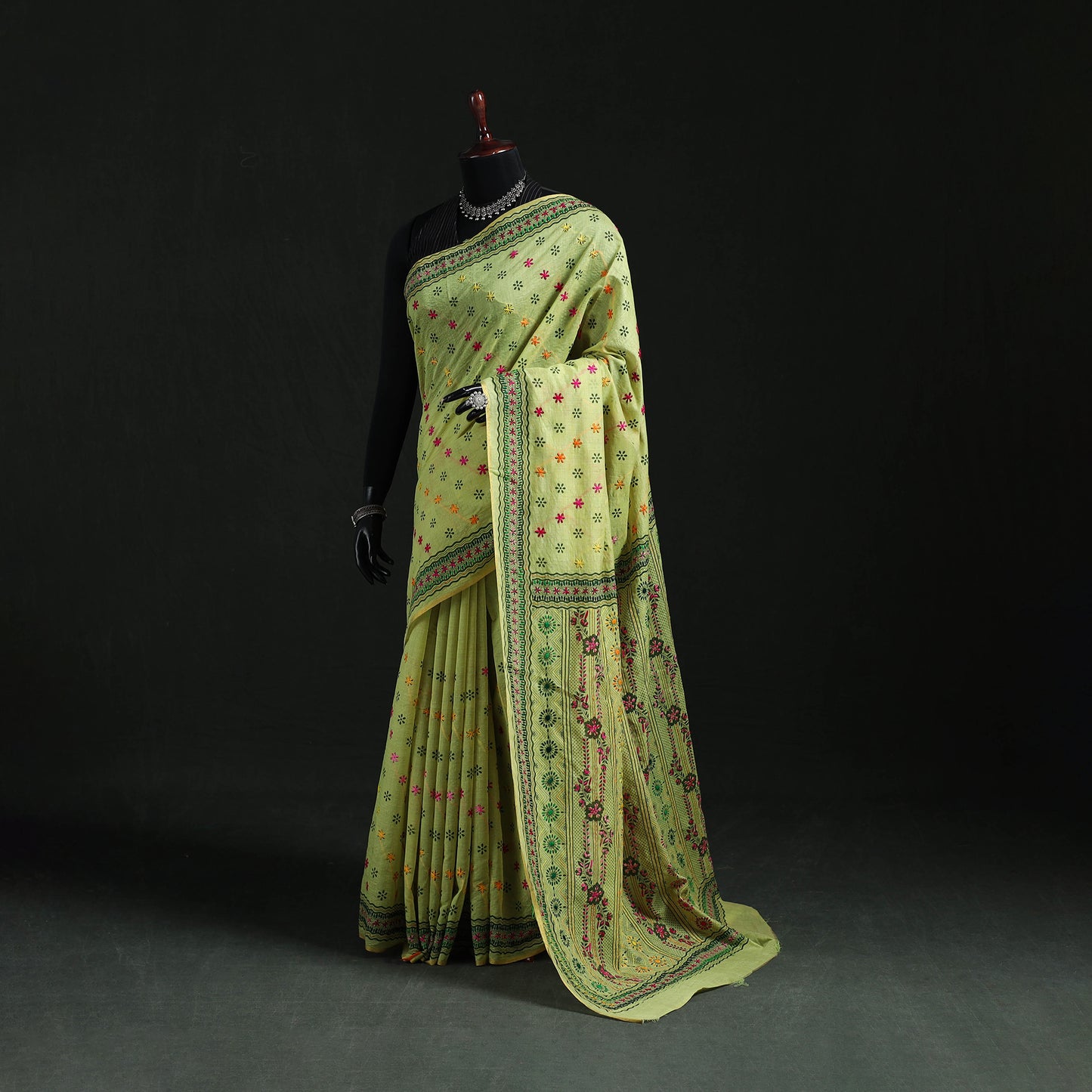 Green - Bengal Kantha Hand Embroidery Silk Cotton Chapa Work Saree 31