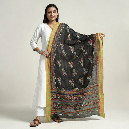 Black - Bolpur Kantha Embroidery Cotton Handloom Dupatta with Tassels