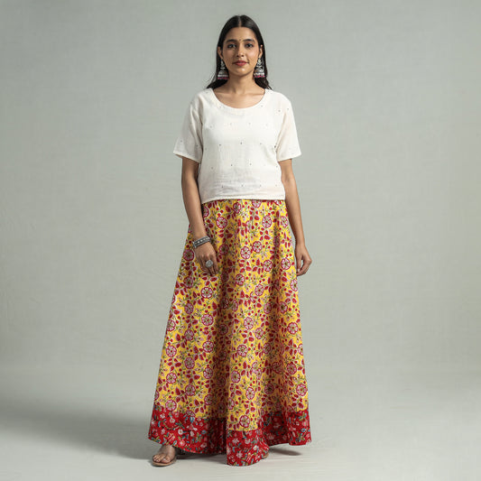 Yellow - Sanganeri Block Printed Cotton Long Skirt