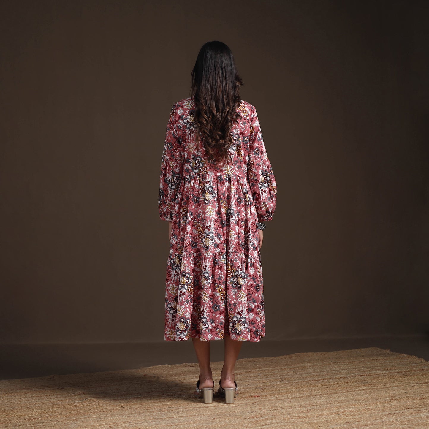 Sanganeri Floral Hand Block Print Cotton Tiered Long Dress for Women 01