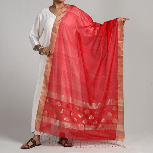 Red - Traditional Chanderi Silk Handloom Zari Buta Dupatta with Tassels