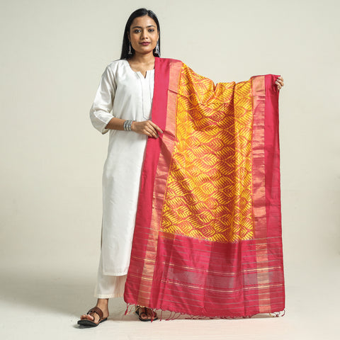 Yellow - Handwoven Pochampally Ikat Pure Mulberry Silk Dupatta with Tassels