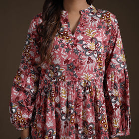 Sanganeri Floral Hand Block Print Cotton Tiered Long Dress for Women 01