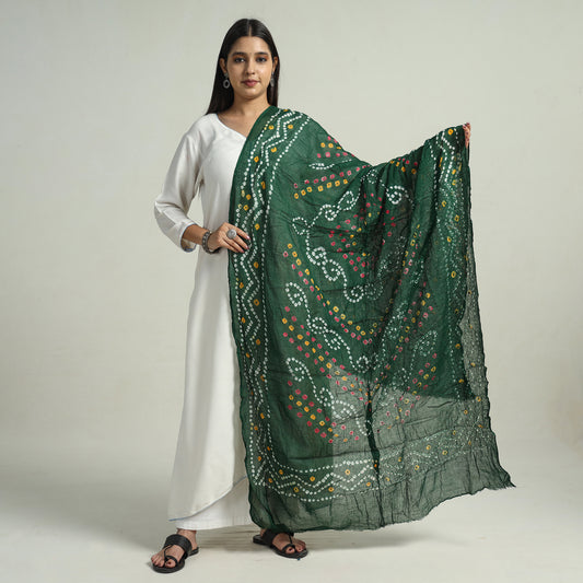 Green - Kutch Bandhani Tie-Dye Mul Cotton Dupatta 20