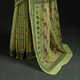 Green - Bengal Kantha Hand Embroidery Silk Cotton Chapa Work Saree 31