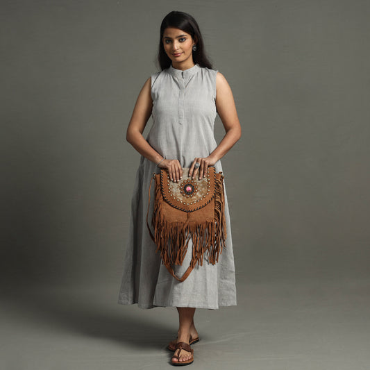 Brown - Handcrafted Suede Leather Fringe Sling Bag with Mor Pankh Stone