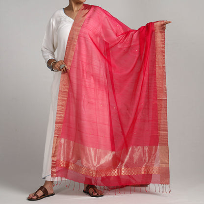 Pink - Traditional Chanderi Silk Handloom Zari Buti Dupatta with Tassels