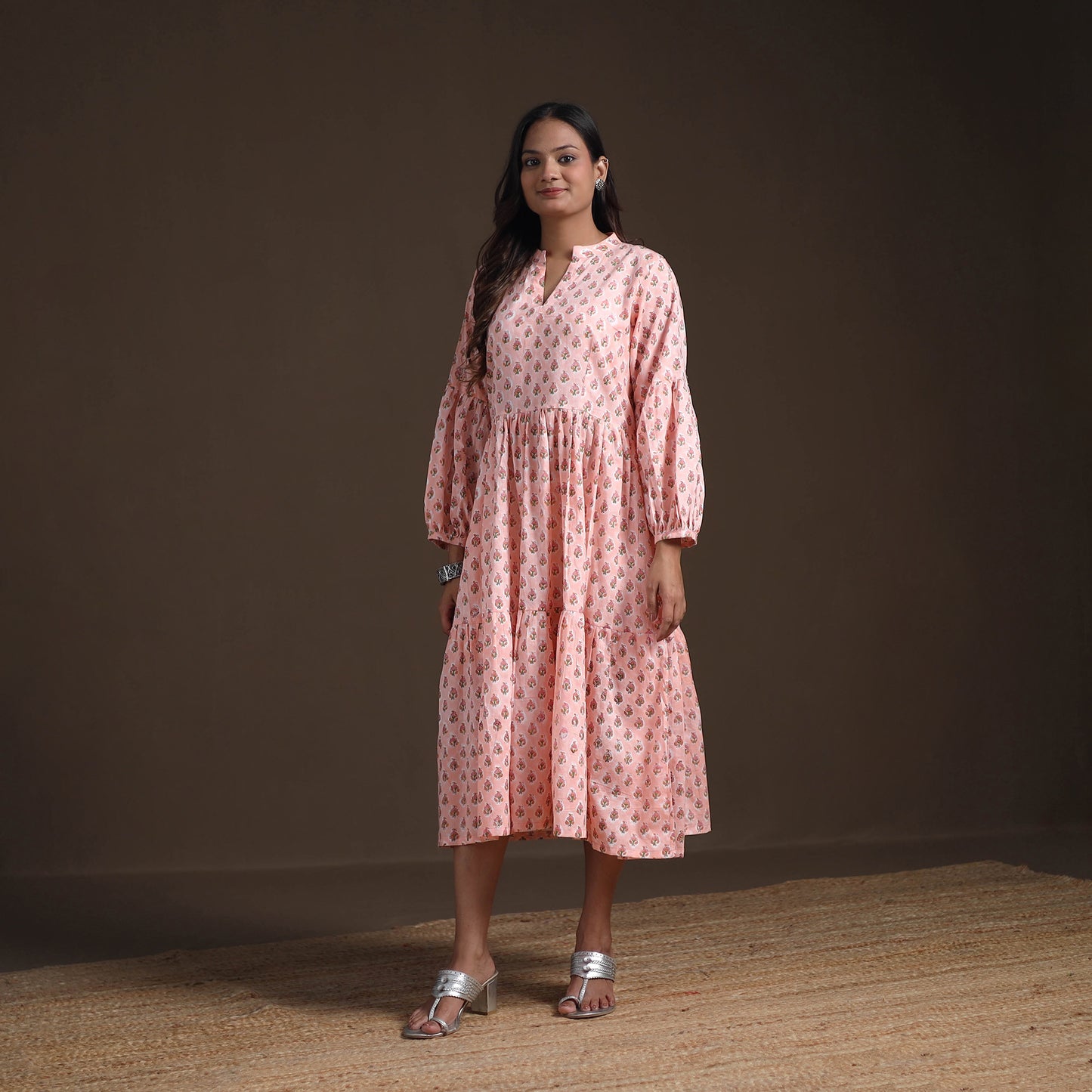 Sanganeri Floral Hand Block Print Cotton Tiered Long Dress for Women 06