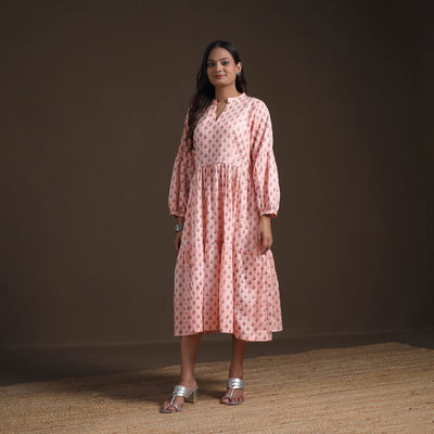 Sanganeri Floral Hand Block Print Cotton Tiered Long Dress for Women 06
