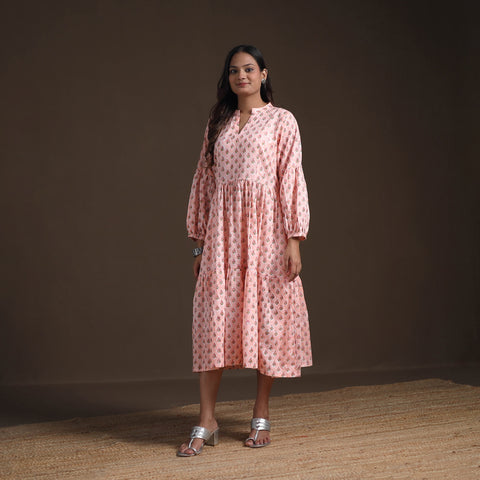 Peach - Sanganeri Floral Hand Block Print Cotton Tiered Long Dress for Women 06