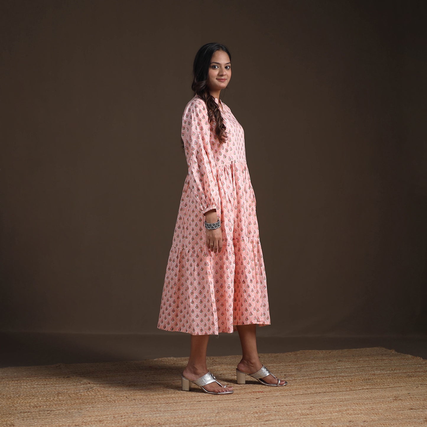 Sanganeri Floral Hand Block Print Cotton Tiered Long Dress for Women 06