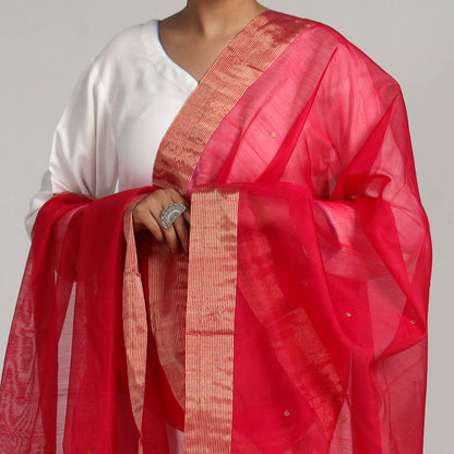 Pink - Traditional Chanderi Silk Handloom Zari Buti Dupatta with Tassels
