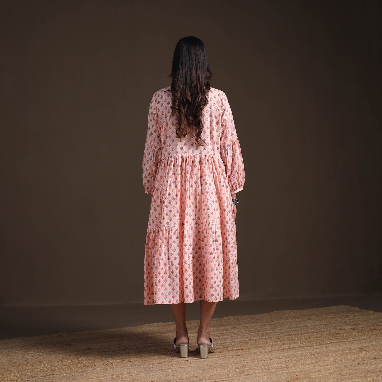Sanganeri Floral Hand Block Print Cotton Tiered Long Dress for Women 06
