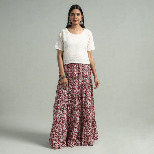 Maroon - Sanganeri Block Printed Tiered Cotton Long Skirt