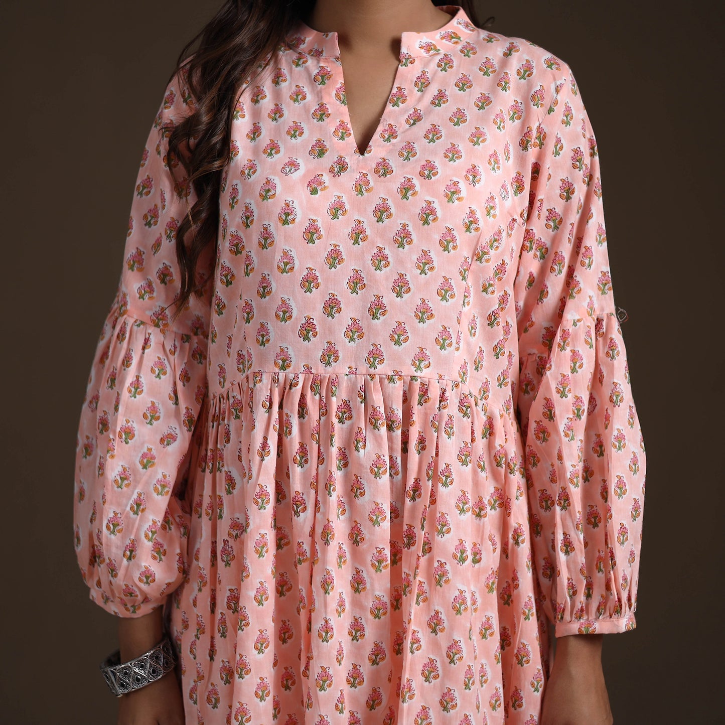 Sanganeri Floral Hand Block Print Cotton Tiered Long Dress for Women 06