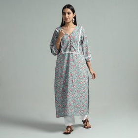 Blue - Light Green - Sanganeri Block Printed Cotton Straight Kurta With Lace Work