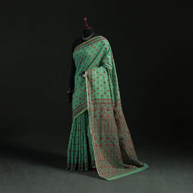 Green - Bengal Kantha Hand Embroidery Silk Cotton Chapa Work Saree 33