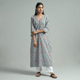 Blue - Light Green - Sanganeri Block Printed Cotton Straight Kurta With Lace Work