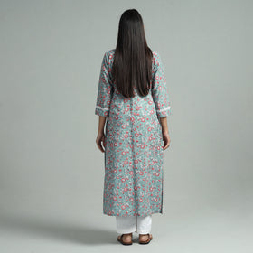 Blue - Light Green - Sanganeri Block Printed Cotton Straight Kurta With Lace Work
