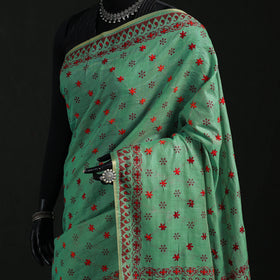 Green - Bengal Kantha Hand Embroidery Silk Cotton Chapa Work Saree 33