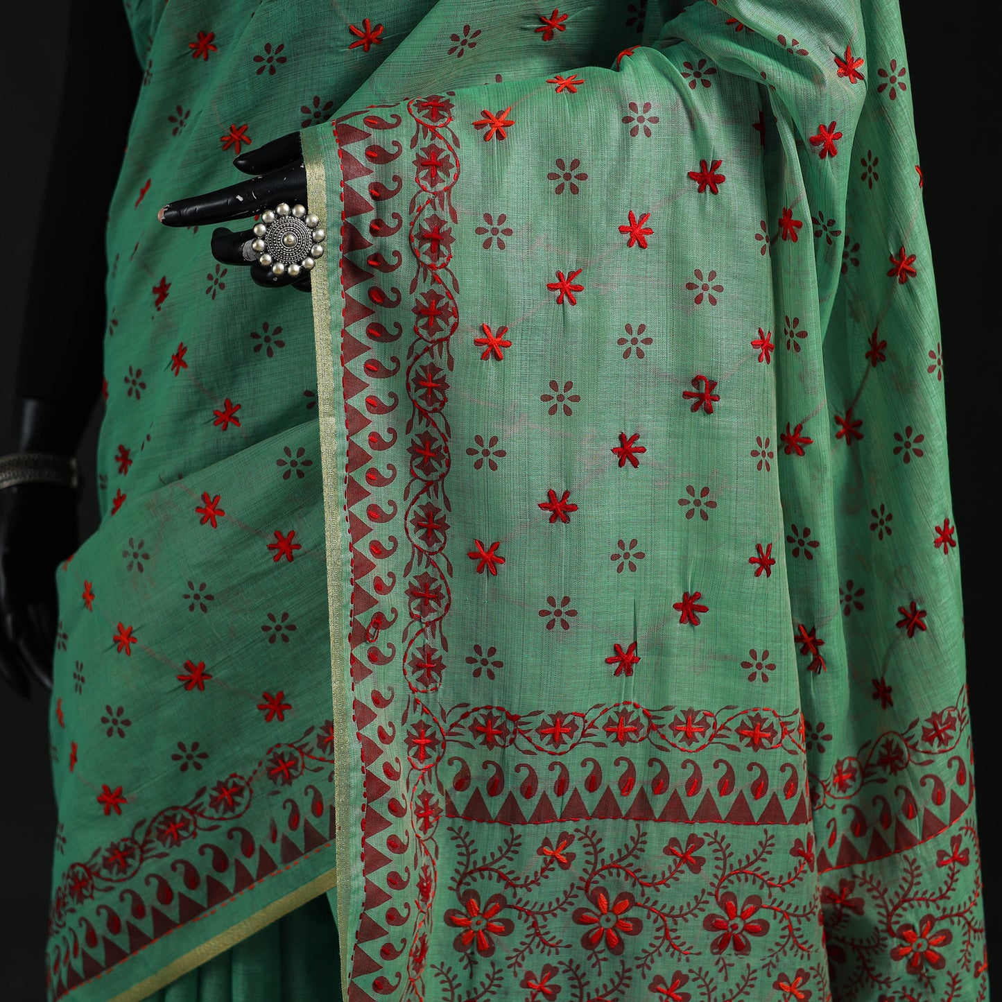 Green - Bengal Kantha Hand Embroidery Silk Cotton Chapa Work Saree 33