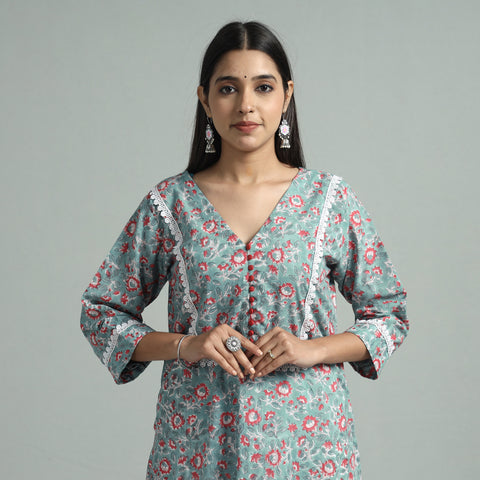 Blue - Light Green - Sanganeri Block Printed Cotton Straight Kurta With Lace Work