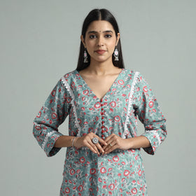 Blue - Light Green - Sanganeri Block Printed Cotton Straight Kurta With Lace Work