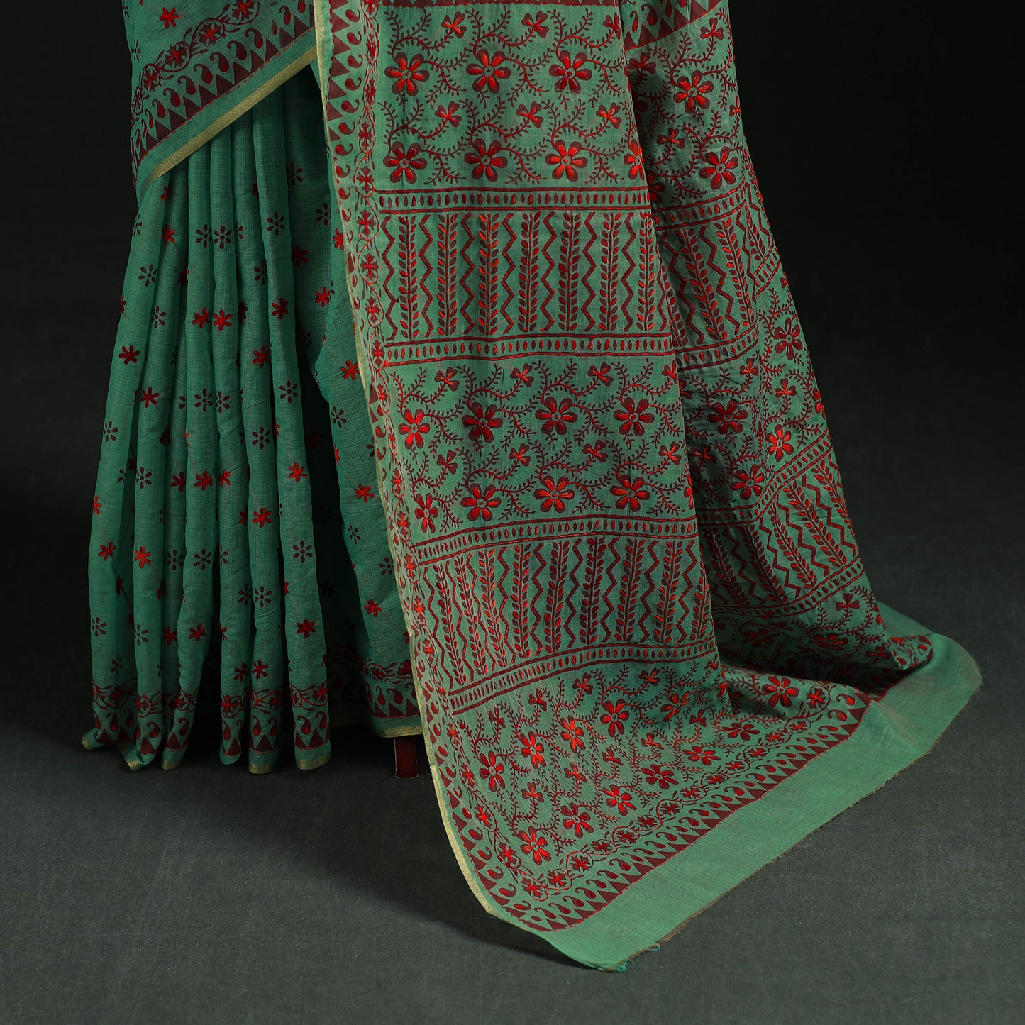 Green - Bengal Kantha Hand Embroidery Silk Cotton Chapa Work Saree 33