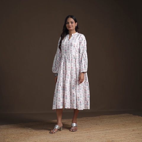 Sanganeri Floral Hand Block Print Cotton Tiered Long Dress for Women 05