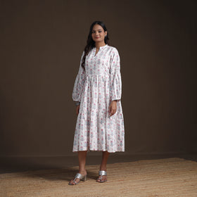 Sanganeri Floral Hand Block Print Cotton Tiered Long Dress for Women 05