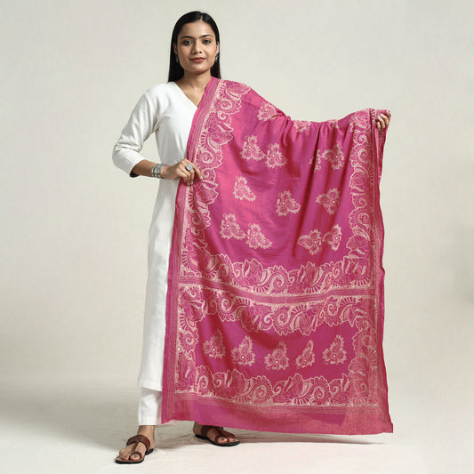 Pink - Bolpur Kantha Embroidery Cotton Handloom Dupatta with Tassels