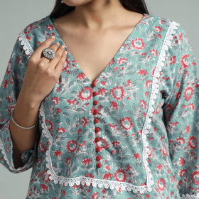 Blue - Light Green - Sanganeri Block Printed Cotton Straight Kurta With Lace Work
