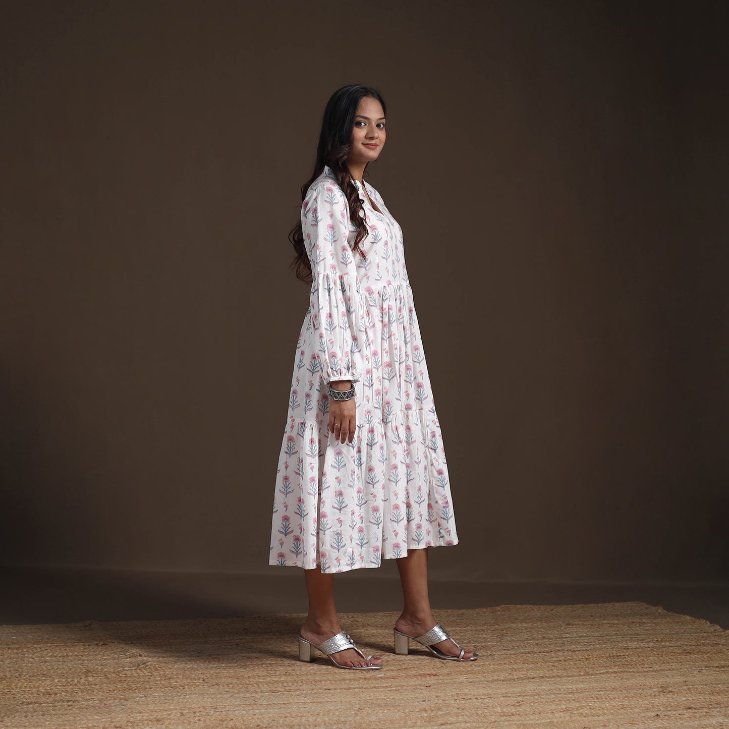 Sanganeri Floral Hand Block Print Cotton Tiered Long Dress for Women 05
