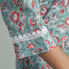 Blue - Light Green - Sanganeri Block Printed Cotton Straight Kurta With Lace Work